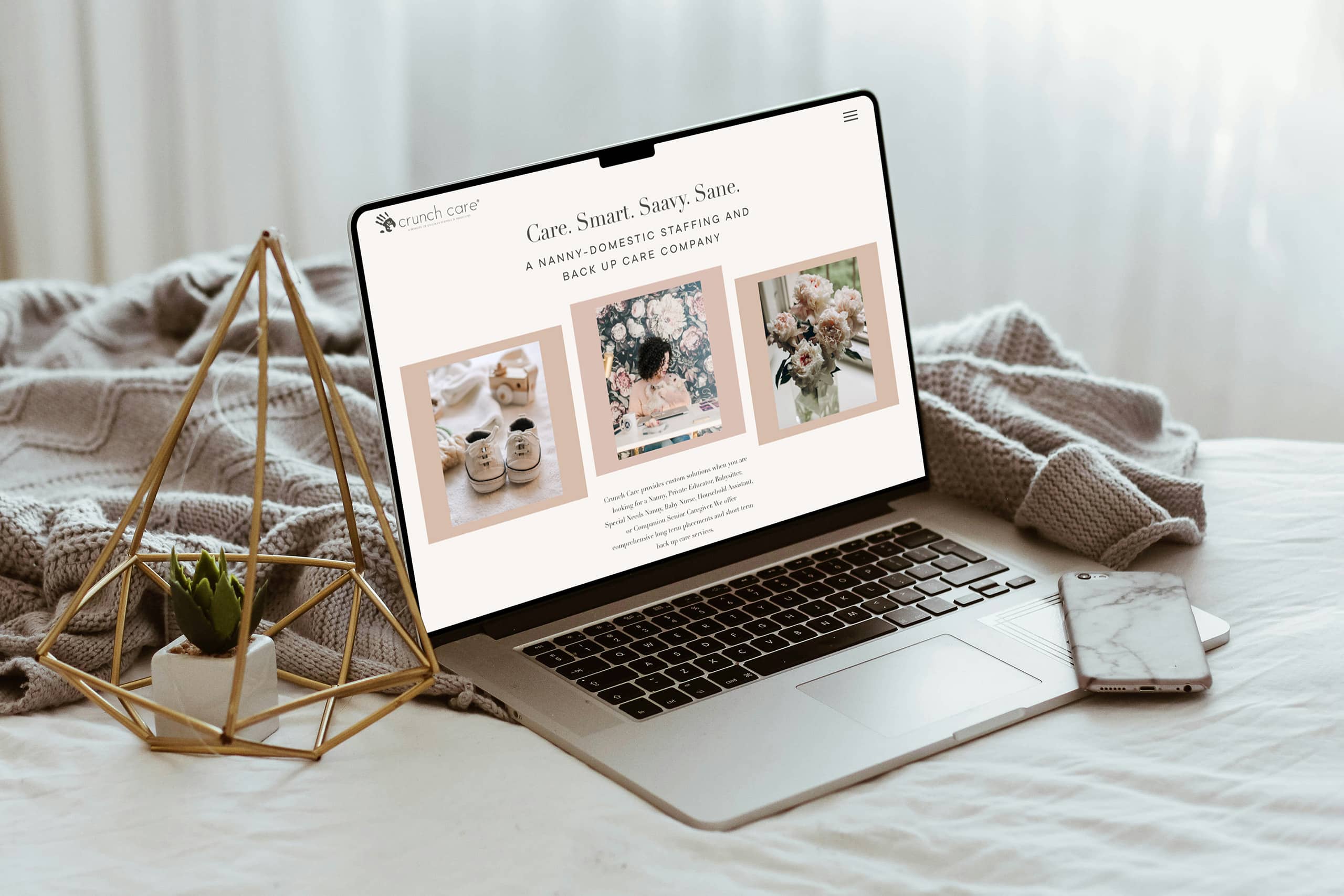 Crunch Care nanny agency website redesign displayed on a laptop — WordPress rebuild by Peanut Media