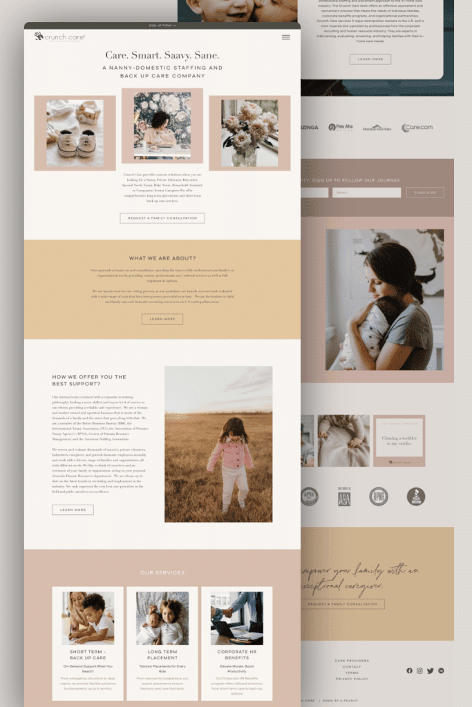 CrunchCare nanny agency website design showing homepage layout, service sections, and user flow by Peanut Media