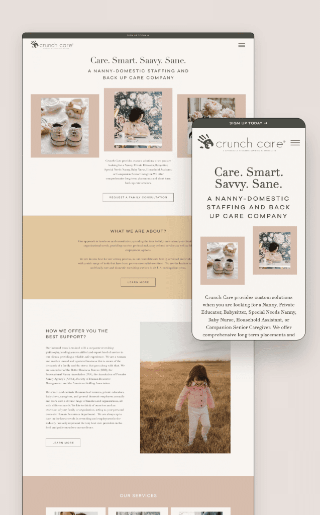 CrunchCare nanny agency website homepage design with mobile responsive layout by Peanut Media